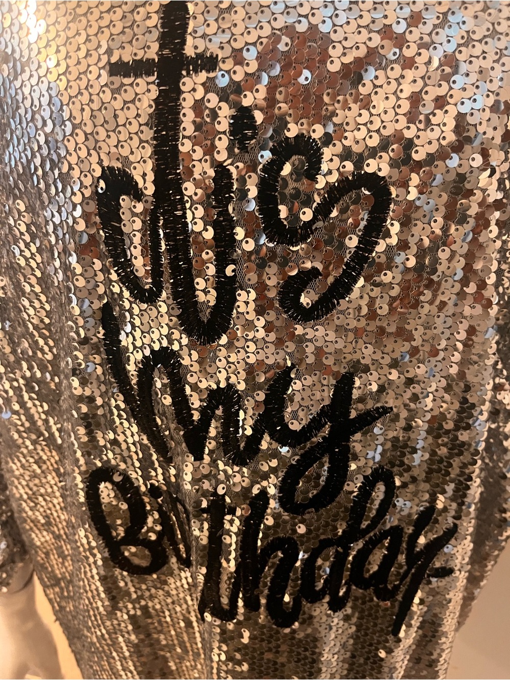 It’s My Birthday!  Silver Sequin Off-Shoulder Tunic with Black Script